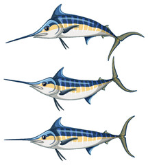 Blue marlin fish cartoon character in different poses