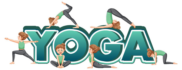 Yoga text banner with women practicing yoga