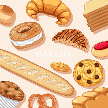 Seamless pattern with bread and pastry