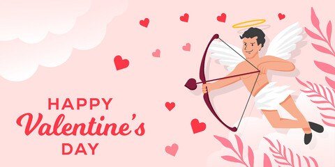 flat happy valentines day horizontal banner with cupid illustration