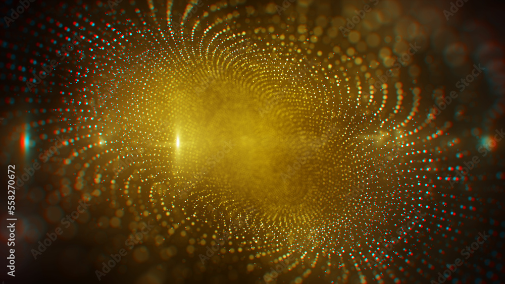 Poster abstract golden yellow shiny optical vignette blurry focus digital dots bend space with light flare 