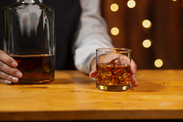 Bartender Serve Whiskey, on wood bar, 