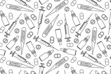 doodle pattern with medical devices, pills, background for a pharmaceutical company, poster, jar for a pharmacy with a syringe, thermometer, bottle, pills on a white background