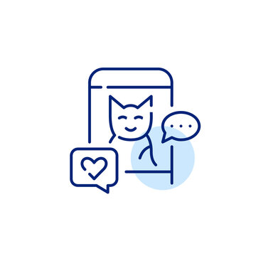 Cat on social media. Receiving likes and direct messages. Pixel perfect, editable stroke line icon