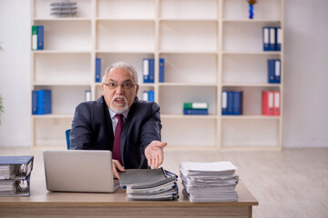 Old male employee sitting at workplace