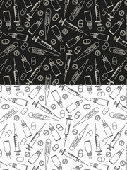 doodle pattern with medical devices, pills, background for formocology company, poster, pharmacy jar with syringe, thermometer, bottle, pills on black and white background