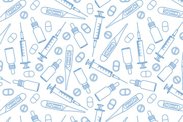 Fototapeta na wymiar doodle pattern with medical devices, pills, a background for a medical company, a poster, a jar for a pharmacy with a syringe, a thermometer, a bottle, pills on a white background with blue lines