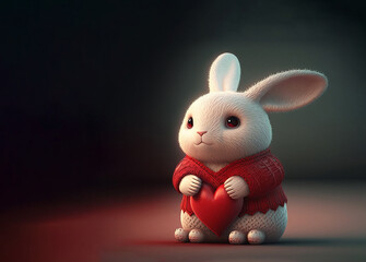 Fototapeta premium Cute bunny with heart, Rabbit with love symbols for Valentine's day, Cartoon character bunny, Generative AI.