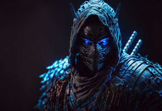  blue samurai ninja, deadly warrior in the shadows, terrifying assassin