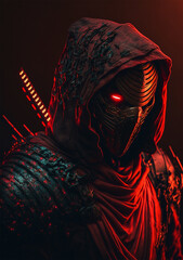red samurai ninja, deadly warrior in the shadows, terrifying assassin