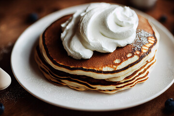 delicious fresh sweet pancakes with whipped cream for breakfast, generative AI