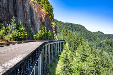 Fototapeta na wymiar Concrete transport bridge with a road around a stone mountain with a wild green forest on the mountains and in the abyss in Columbia Gorge