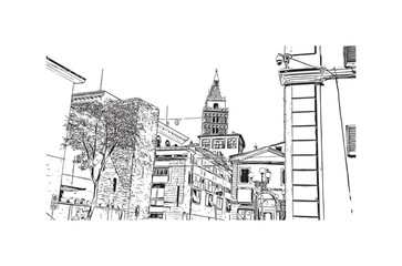 Building view with landmark of Pistoia is a city in Italy. Hand drawn sketch illustration in vector.
