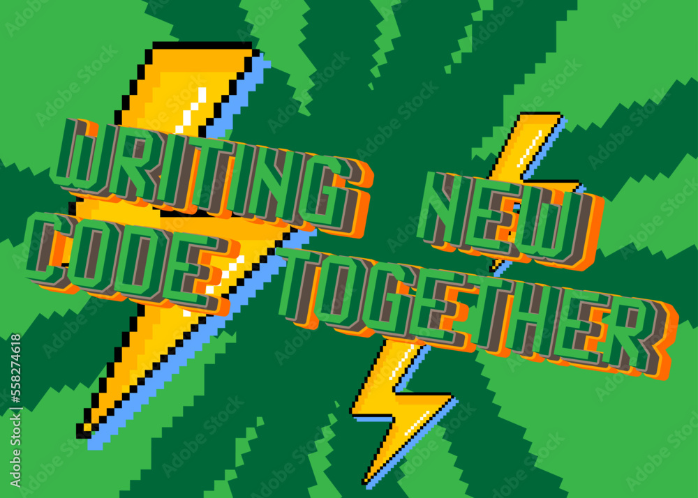 Poster writing new code together. pixelated text with geometric graphic background. vector cartoon illustra