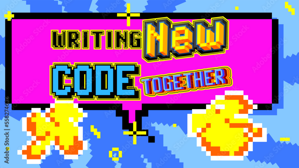 Poster writing new code together. pixelated text with geometric graphic background. vector cartoon illustra