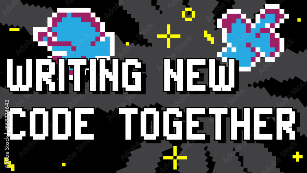 Poster writing new code together. pixelated text with geometric graphic background. vector cartoon illustra