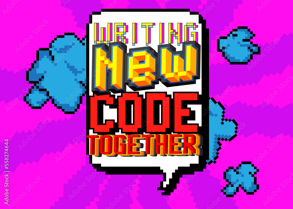 Poster writing new code together. pixelated text with geometric graphic background. vector cartoon illustra