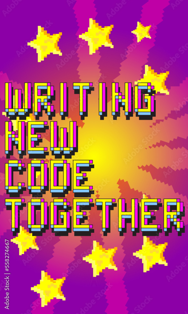 Poster writing new code together. pixelated text with geometric graphic background. vector cartoon illustra