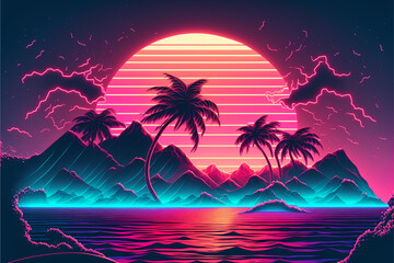 Fototapeta na wymiar Synthase sunset, landscape with palm trees, 80's retro synthase color design ocean wave, generative ai.