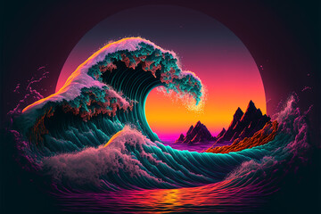 Synthwave sunset, landscape, 80's retro synthwave color design ocean wave, generative ai.