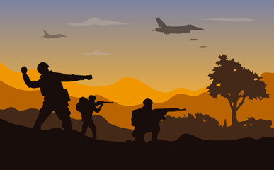 Naklejka na ściany i meble War military vector illustration, army background, soldier silhouette, Artillery, Cavalry, warplane.