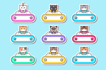 Cute baby cat animals cartoon label name sticker hand drawn style with frame rainbow