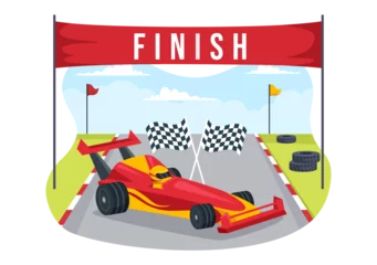 Gordijnen Formula Racing Sport Car Reach on Race Circuit the Finish Line Cartoon Illustration to Win the Championship in Flat Style Hand Drawn Templates Design © denayune
