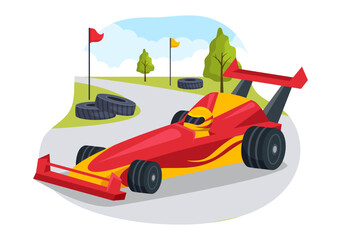Fototapeta premium Formula Racing Sport Car Reach on Race Circuit the Finish Line Cartoon Illustration to Win the Championship in Flat Style Hand Drawn Templates Design