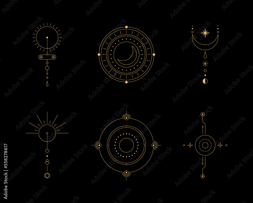 Poster set of moon and sun line art. minimal boho linear symbols. celestial mystic element. vector line art