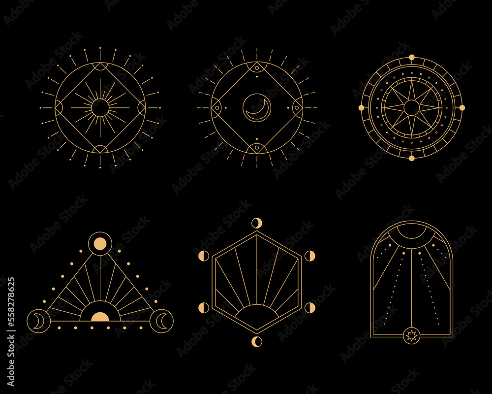 Poster set of moon and sun line art. minimal boho linear symbols. celestial mystic element. vector line art