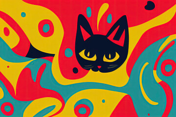 bohemian cat, naive style,vector art, colorful background