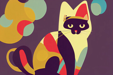 bohemian cat, naive style,vector art, colorful background