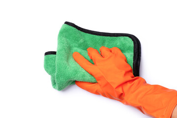 Hand holding green duster microfiber cloth for cleaning isolated on white background with clipping path. Top view, flat lay