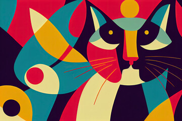 bohemian cat, naive style,vector art, colorful background