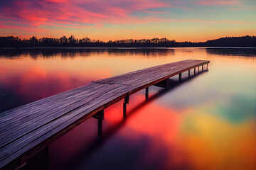 colorfull wooden pier on a lake that is totally calm during sunset