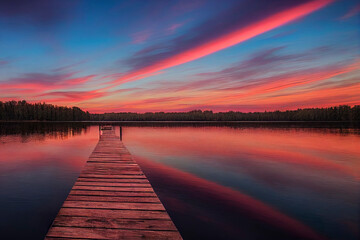 Obraz premium colorfull wooden pier on a lake that is totally calm during sunset