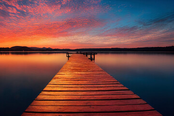 Obraz na płótnie Canvas colorfull wooden pier on a lake that is totally calm during sunset