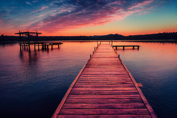Fototapeta na wymiar colorfull wooden pier on a lake that is totally calm during sunset