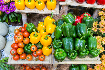 Colorful fresh vegetable on wooden stall, healthy food concept, diet food