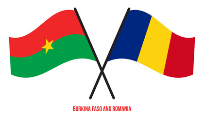 Burkina Faso and Romania Flags Crossed And Waving Flat Style. Official Proportion. Correct Colors.