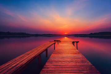 Fototapeta na wymiar colorfull wooden pier on a lake that is totally calm during sunset