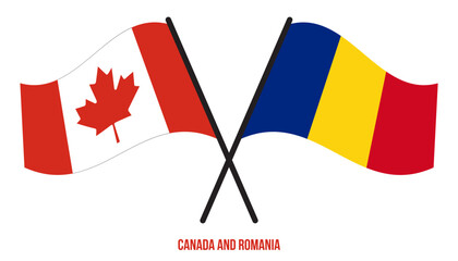 Canada and Romania Flags Crossed And Waving Flat Style. Official Proportion. Correct Colors.