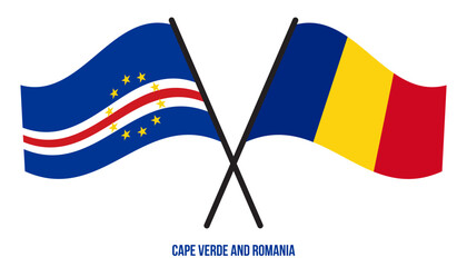 Cape Verde and Romania Flags Crossed And Waving Flat Style. Official Proportion. Correct Colors.