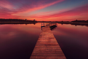 Fototapeta premium colorfull wooden pier on a lake that is totally calm during sunset