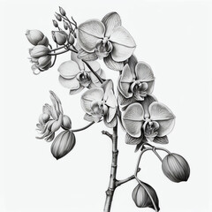 Black and white orchid, drawing. Generative AI.