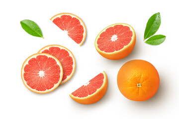 Grapefruit with slices and green leaf isolated on white background, top view, flat lay.