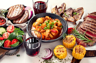 Meat dishes. Plates of various meat