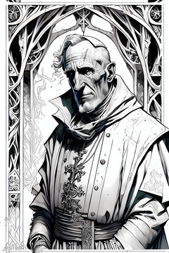 A fantasy board game card/colouring book page: Archbishop/Cardinal/Pope, catholic religious leader. AI-generated