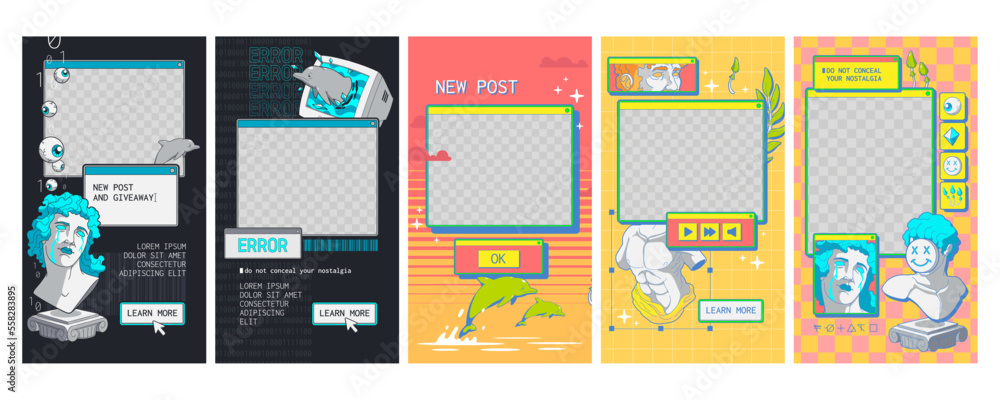 Poster set of social media app design templates for mobile gadget, black and colorful retro software window