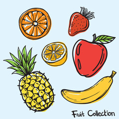Assortment of fantastic hand-drawn, fruits Illustration of colored and for design product, market label fruit shop
